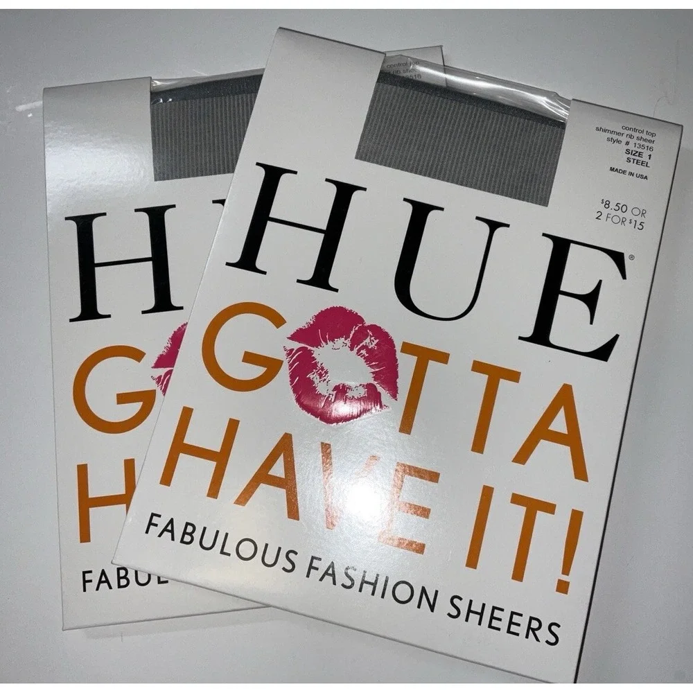 NIP 2 PC HUE Gotta Have It! Control Top Pantyhose Shimmer Rib Sheer Steel Size 1